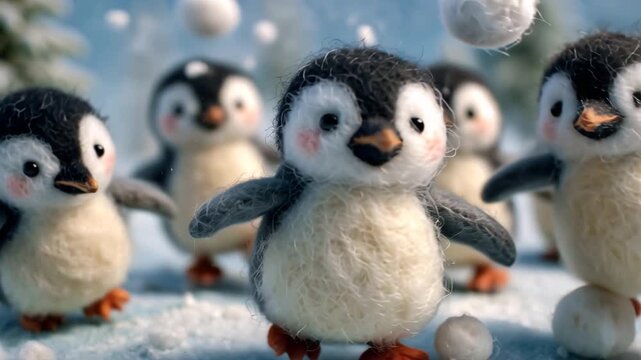 cute playful funny cartoon penguins playing snowballs in winter