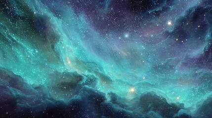 An ethereal teal and blue cosmic nebula illuminating with distant stars against a dark abyss.
