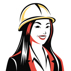 Empowered Woman Construction Worker Cartoon with Hard Hat and Pink Highlights Delivering a Confident Smile and Optimistic Vibe