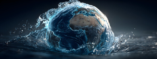 earth globe with water pure waves, national water day and clean energy water quality renewable water resources concepts