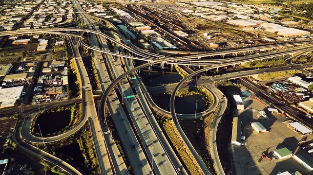 Aerial drone flight over Salt Lake City highways, cars, and nature, Utah, USA