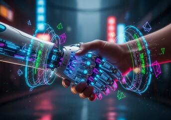 Human and robot hands shake in a futuristic, technological environment