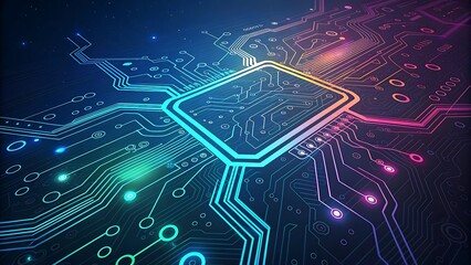 Glowing neon circuit board with central processor chip