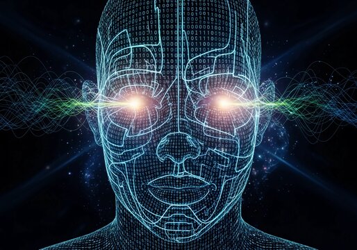 Artificial intelligence concept with digital human face and glowing eyes - Powered by Adobe