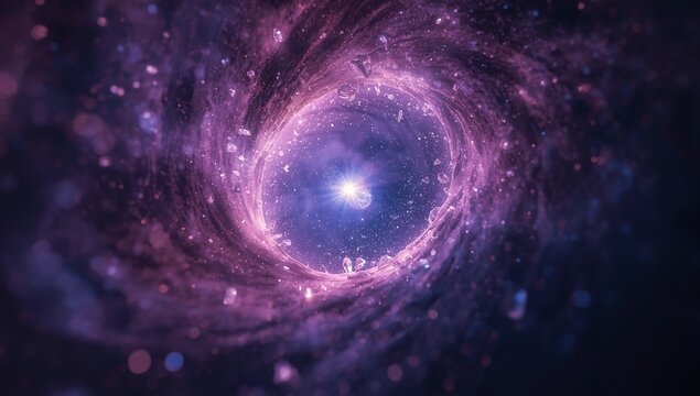 A mesmerizing cosmic vortex of purple nebula and stars spiraling towards a bright central light.