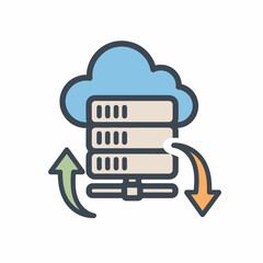 Cloud computing icon with simple server rack, upload and download arrows, minimal 2D design, isolated on white background