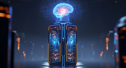 Artificial intelligence brain in a futuristic server, machine learning concept