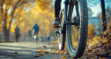 Naklejka premium Bicyclists Enjoying a Scenic Autumn Ride on a Leaf-Covered Path in a Park