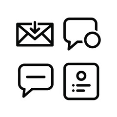 Vector art of set of four communication and messaging icons including email, chat bubbles, and profile card