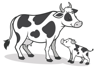 Fototapeta premium Cartoon illustration of a mother cow and calf with black and white spots cattle livestock