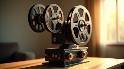Obraz premium Vintage film projector on table with reel