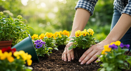 Hands Planting Yellow Pansies in Soil Gardening Springtime Outdoors Closeup.