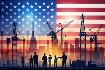 American Construction Workers Silhouette Against Flag
