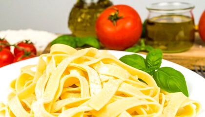 A plate of uncooked tagliatelle pasta, garnished with fresh basil leaves, sits ready for culinary preparation.
