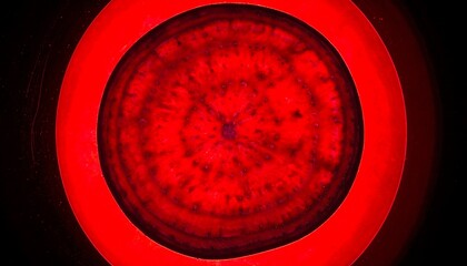 A vibrant, concentric circle of deep crimson illuminates a complex, patterned structure, showcasing intricate details against a stark black backdrop.