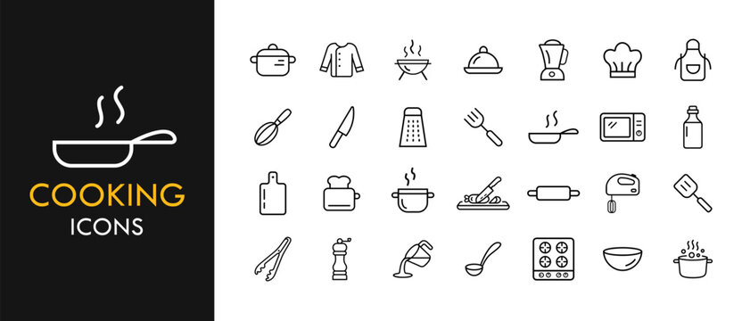 Cooking line icon set, outline web icon collection containing Utensils, Stove, Pan and more, vector illustration in line style