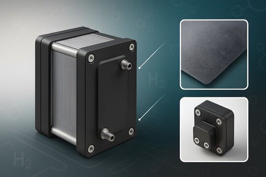 Hydrogen Fuel Cell Stack with Plate Surface Feature and Connector Port Detail in Futuristic Teal Layout