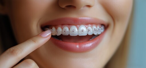 Fototapeta premium Young Woman Shows off Her Smile With Braces in a Bright, Neutral Setting.