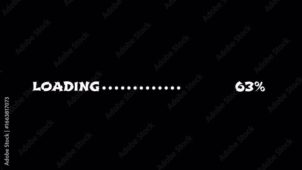 Poster digital loading screen with text and percentage displayed on a black background. 4k video