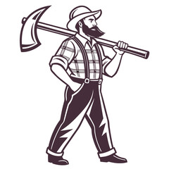 Cartoon Lumberjack Walking with Axe Over His Shoulder Wearing a Red Plaid Shirt and Suspenders Isolated on White