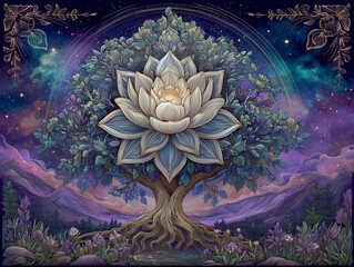 Ornate lotus tree mandala line art against a cosmic starry galaxy background