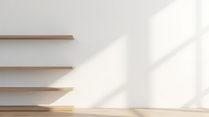Empty shelves on white wall with natural light