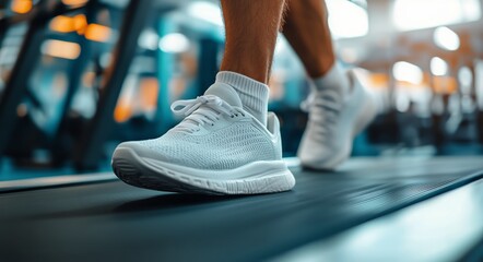 Person Walking in Athletic Shoes on Gym Floor During Workout Session in a Bright Fitness Center.