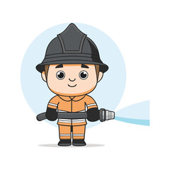 Cartoon Firefighter Girl Ready for Action Holding Hose with Water Spray Smiling and Standing Against Light Blue Backdrop Oval Shape