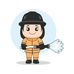 Cartoon Firefighter Girl Ready for Action Holding Hose with Water Spray Smiling and Standing Against Light Blue Backdrop Oval Shape