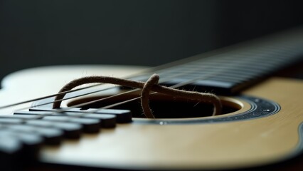 Close-up of acoustic guitar with string tied