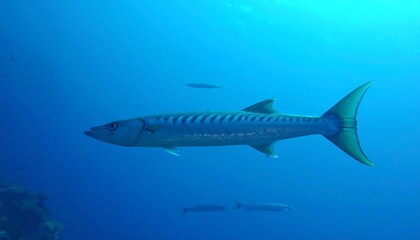 A sizable, streamlined fish, with a distinctive striped pattern, glides gracefully through the deep blue ocean.