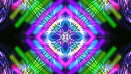 A vibrant, symmetrical, kaleidoscopic design featuring bright colors and geometric patterns. - Powered by Adobe