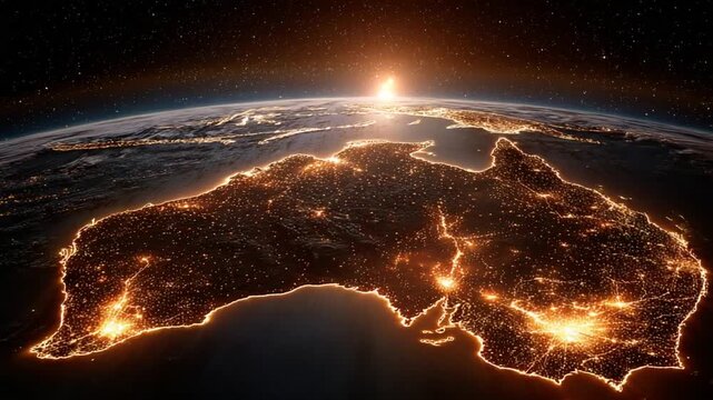 A glowing map of a continent at night, lights illuminate cities against a starry cosmic backdrop
