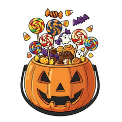 Fototapeta premium A cartoon jack-o'-lantern candy bucket overflowing with a variety of colorful Halloween sweets and treats.