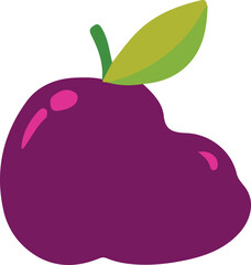 Purple Plum Illustration with Green Leaf on White Background, Colorful Tropical Fruit Icon, Minimal Vector Clipart, Healthy Food and Summer Concept Design 