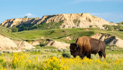 A large bison grazes amidst vibrant yellow wildflowers in a scenic grassland valley, with light tan badlands rising in the background under a clear blue sky.