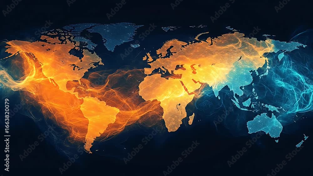 Poster world map showing global connections and data flowing