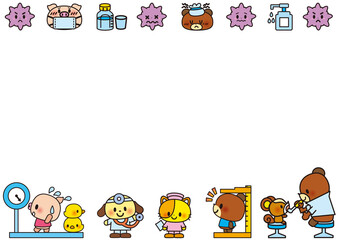 健康診断, 保健室, 病院, フレーム, 保健, 身長測定, 幼稚園, 小学校, 保育園, 小学生, 体重測定, 動物, ウィルス, 薬, 消毒, 消毒液, 発熱, クマ, ブタ, 犬, 猫, 先生, お医者さん, 診断, クリニック, 検診, 測る, 検査, 治療, 診療, 身長計, 体重計, 健診, 体重, 診察, 内科医, 医者, 学校, 身体測定, 園児, 生徒, 健康管理, 健康観察, 