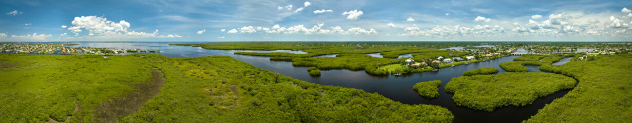 Aerial view of Florida wetlands with green vegetation between ocean water inlets. Natural habitat of many tropical species