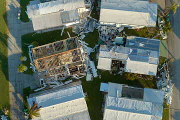 Aerial view of badly damaged mobile homes after hurricane Ian swept through residential area in...