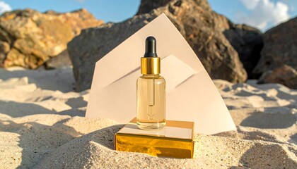 Golden dropper bottle of skincare oil sits on a golden pedestal on the beach, bathed in sunlight.