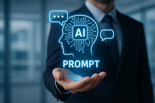 a business person presents an artificial intelligence brain with circuit board and ai text, a prompt with communication chat bubbles for ai chatbot and generative ai