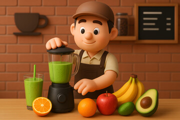 Barista preparing healthy green smoothie – fresh fruit and nutrition  
2