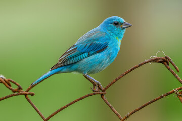  AI-Generated Image of a vibrant blue bird perched on a rusted wire fence against a bright green blurred background.