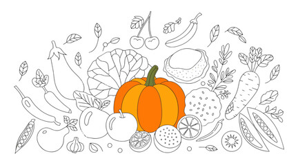 Vector art of assortment of fresh vegetables and fruits, including a pumpkin