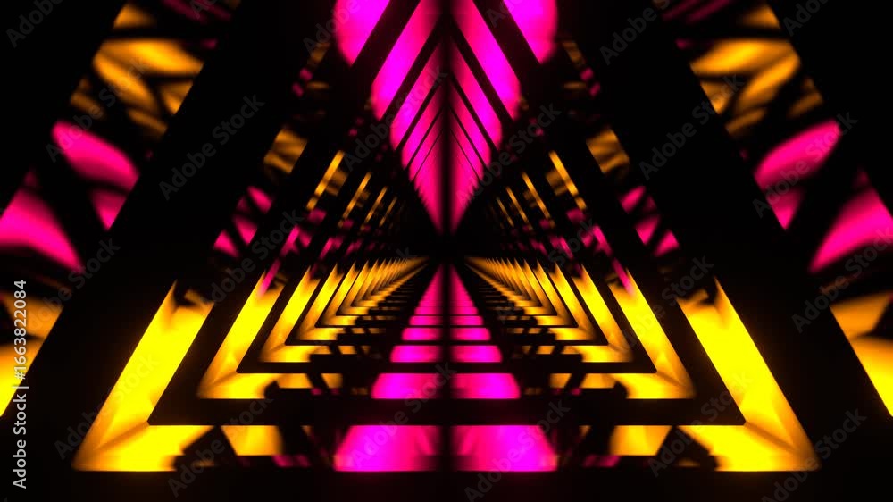 Poster abstract pink yellow triangle tunnel animation background loop.