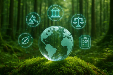 Global environmental law and policy, a glowing earth surrounded by icons representing legal and governmental concepts in a lush green forest setting