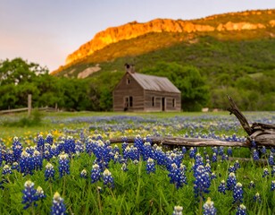 Old wooden schoolhouse at sunset, wildflowers