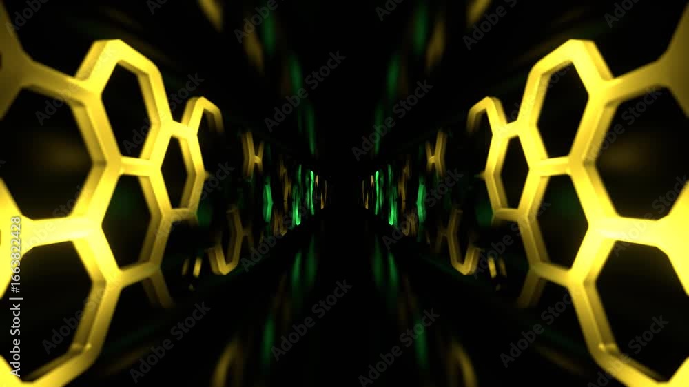 Poster abstract futuristic hexagonal tunnel journey through glowing cyber space.