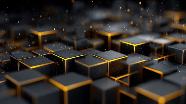 Geometric cubes with luminous edges on blurred background, sparkling specks